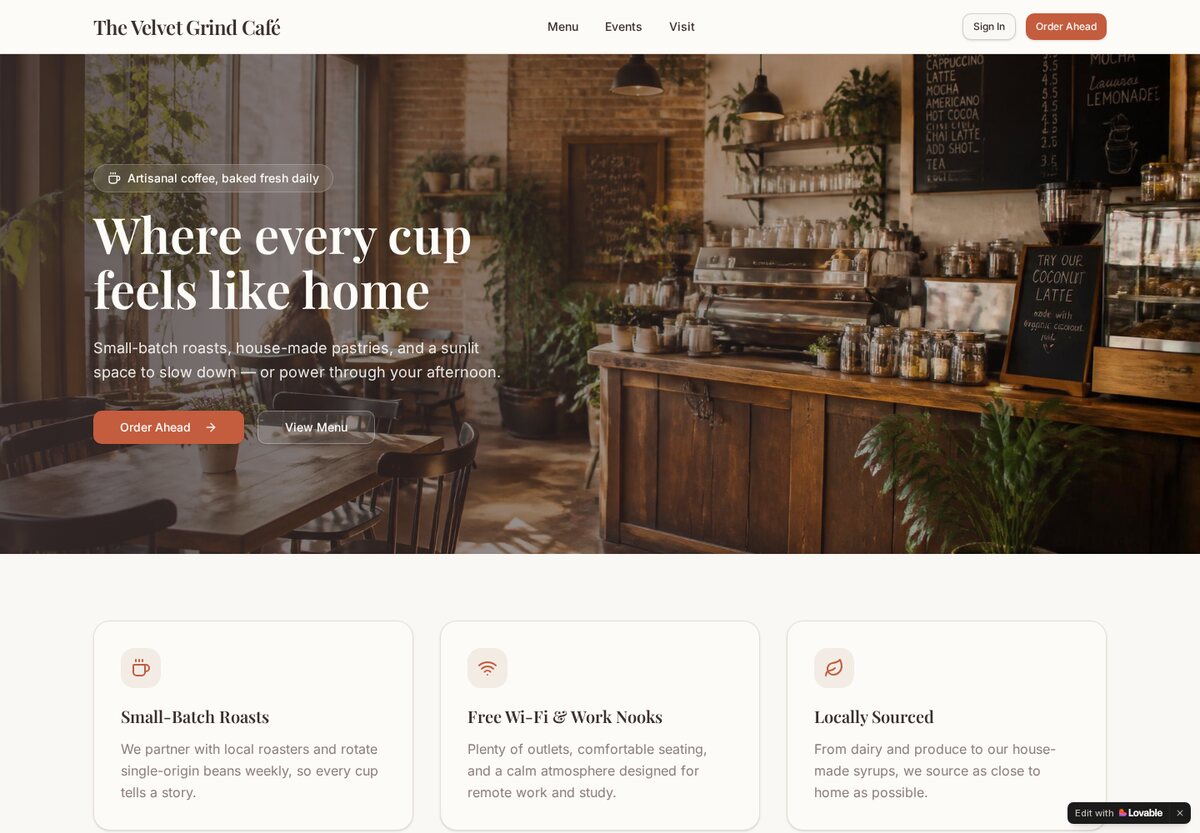 Velvet Grind Café — Café sample website by Willowlight Works